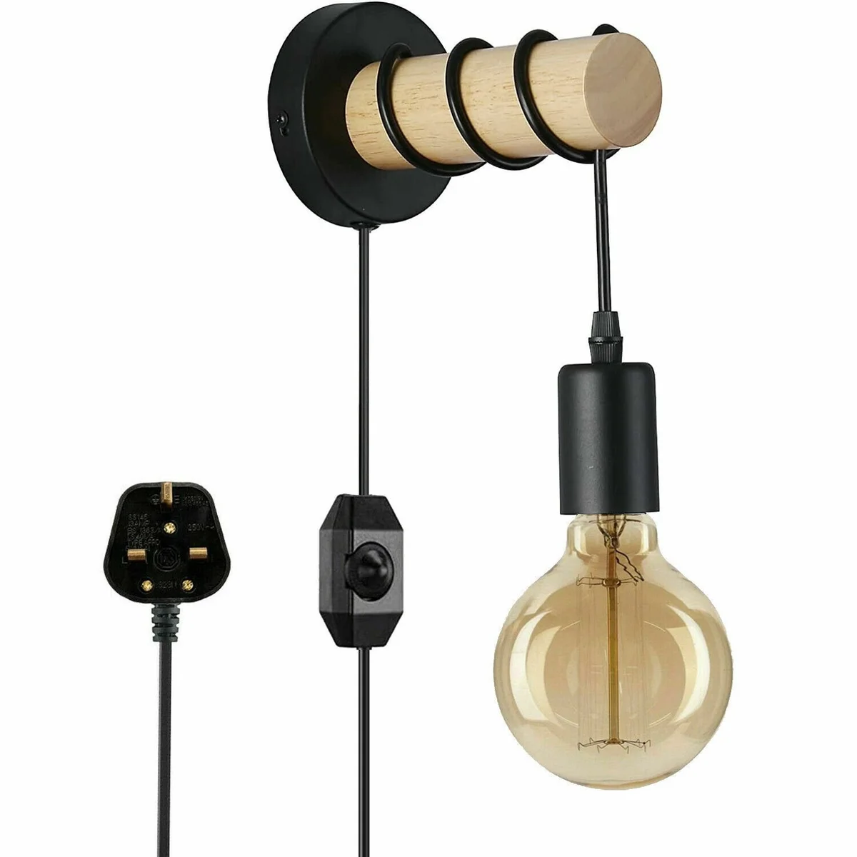 Black metal and wood plug in wall lamp with vintage industrial design and 4m cord hanging on white wall
