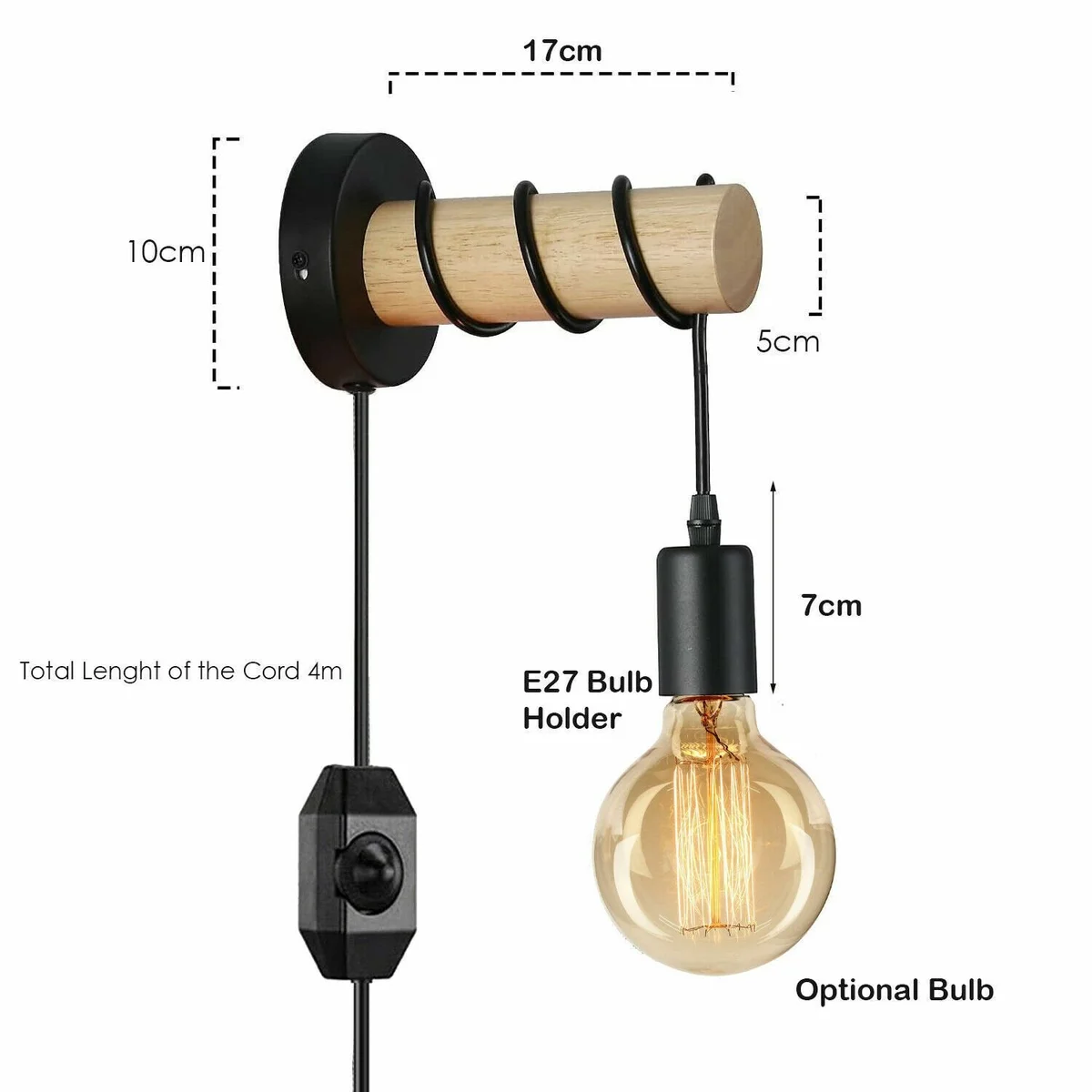 Vintage metal wall lamp with wooden accents and black metal ceiling plate, plug-in design with 4m cord for easy installation