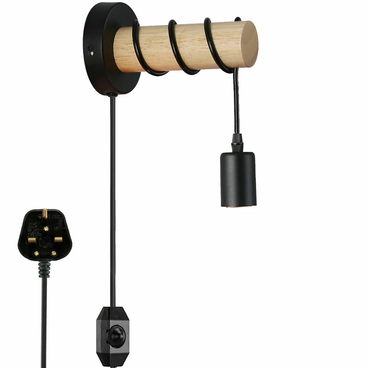 Black wall sconce with wooden lamp shade and metal ceiling plate, plug-in design with 4m cord on white background