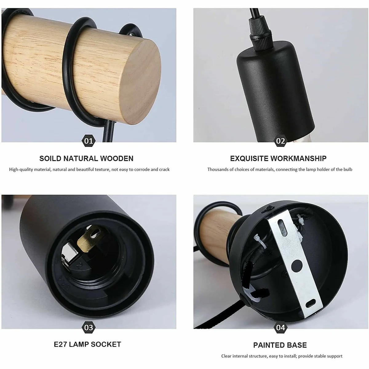 Black wood and metal light fixture mounted on wall with visible plug-in cord and vintage industrial design details