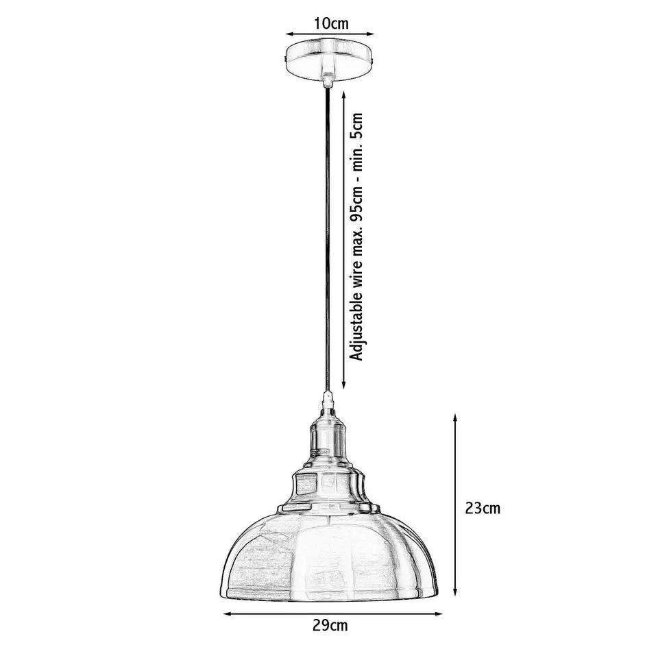 Vintage industrial metal shade cord pendant light with 95cm PVC cable and ceiling canopy, E27 bulb base included