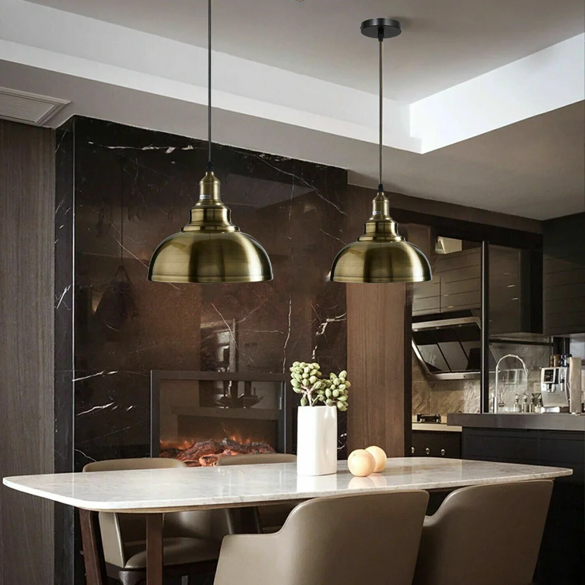 Vintage ceiling pendant light with industrial metal shade hanging from ceiling, showing detailed metal and cable components