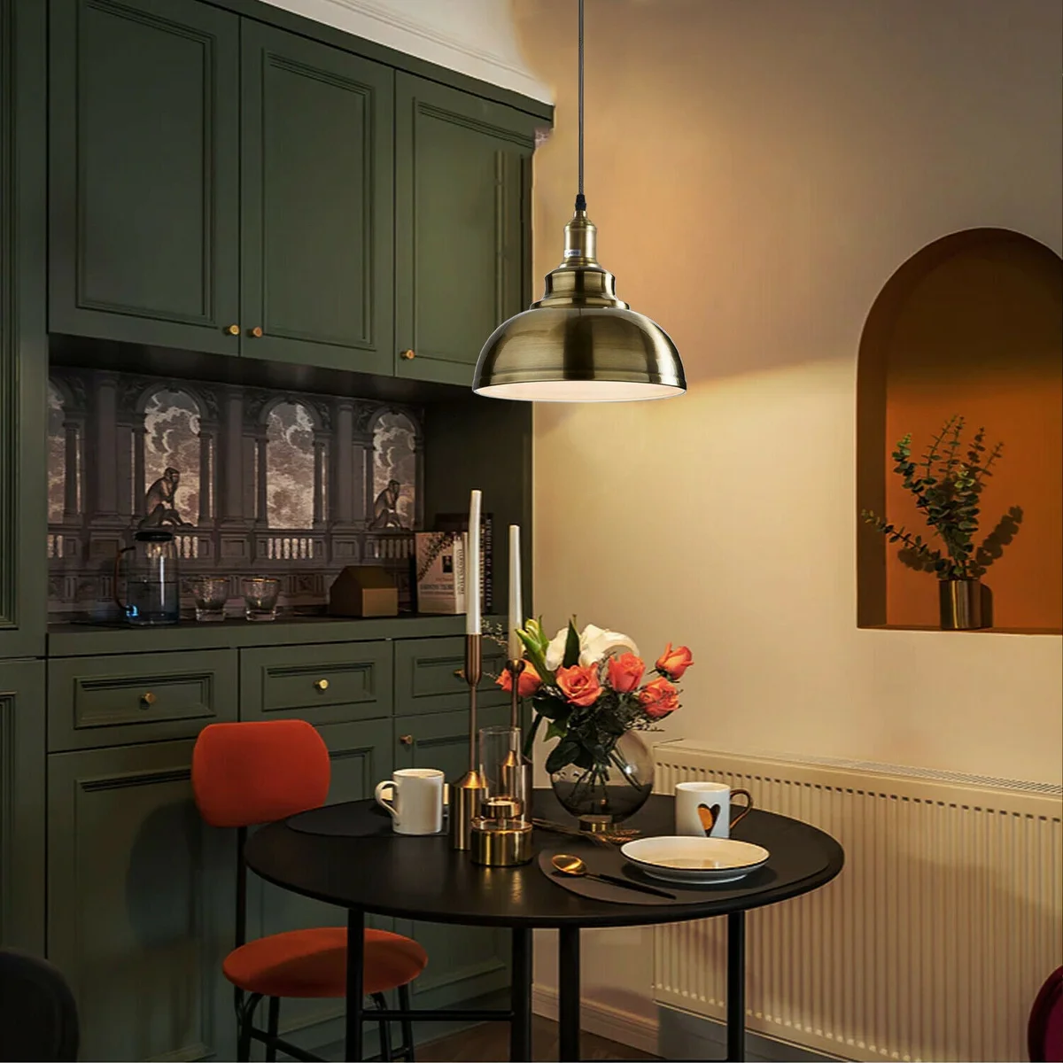 Vintage ceiling pendant light with industrial metal shade, hanging from ceiling with 95cm black PVC cable and canopy