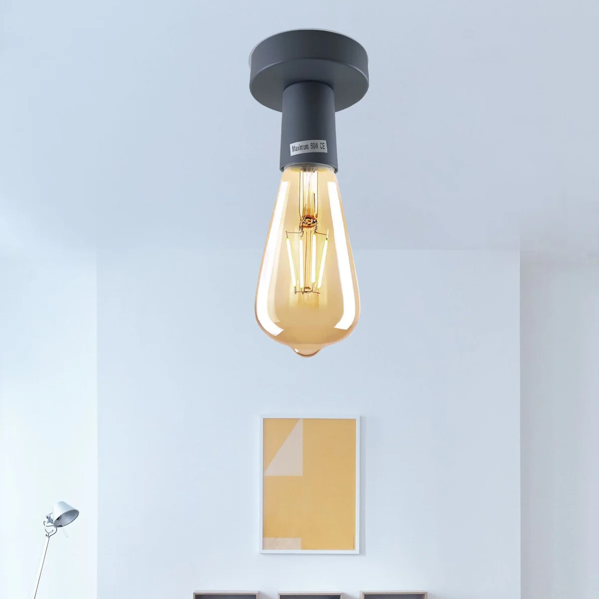 Vintage flush ceiling light with metal E27 bulb holder and round ceiling rose in a retro style for low ceilings