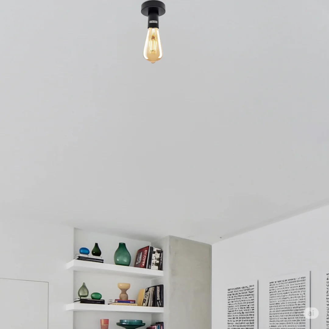 Vintage metal flush ceiling light with E27 light bulb holder, round ceiling rose, and retro design in black finish