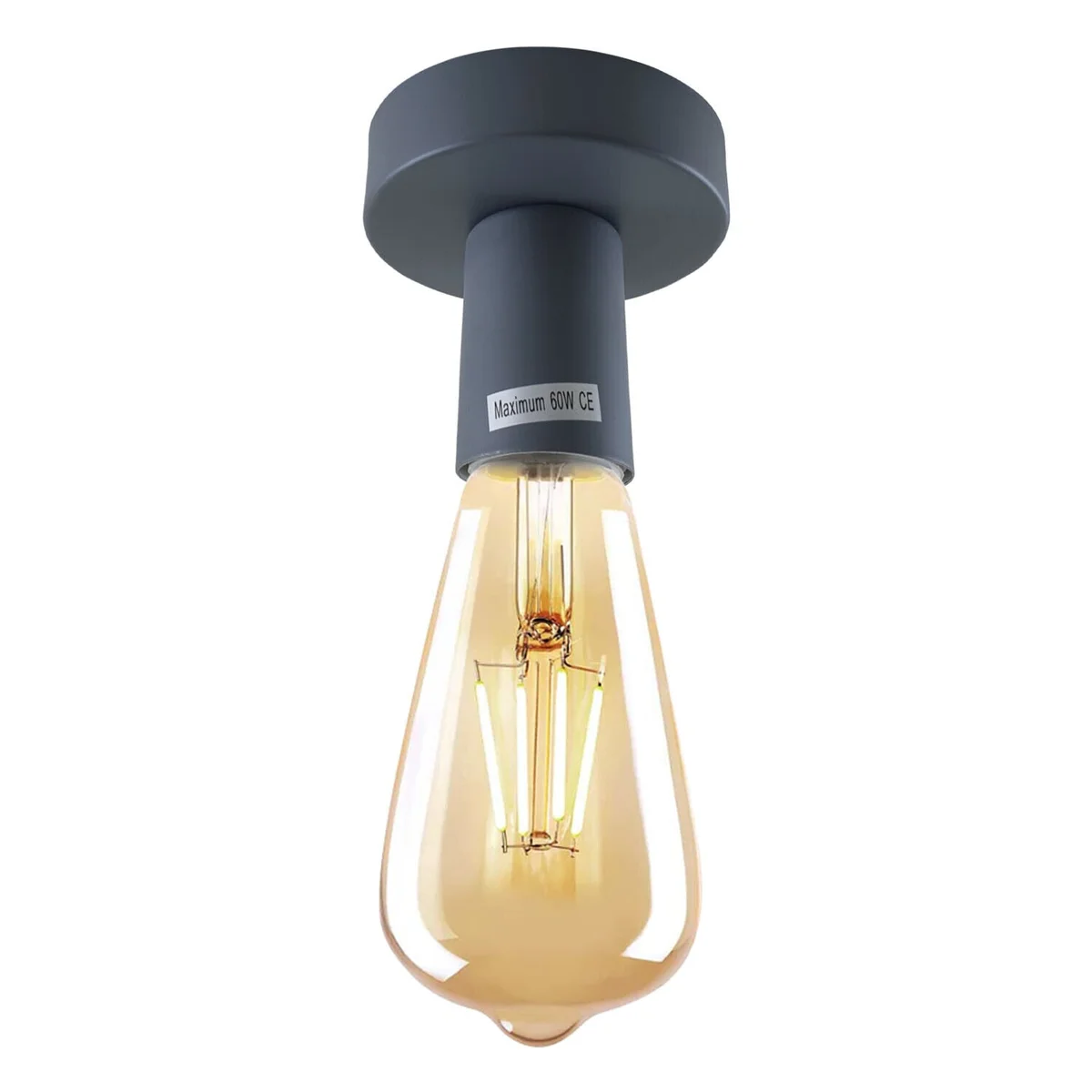 Vintage flush ceiling light with metal E27 bulb holder and round ceiling rose, suitable for dimmable bulbs up to 60W