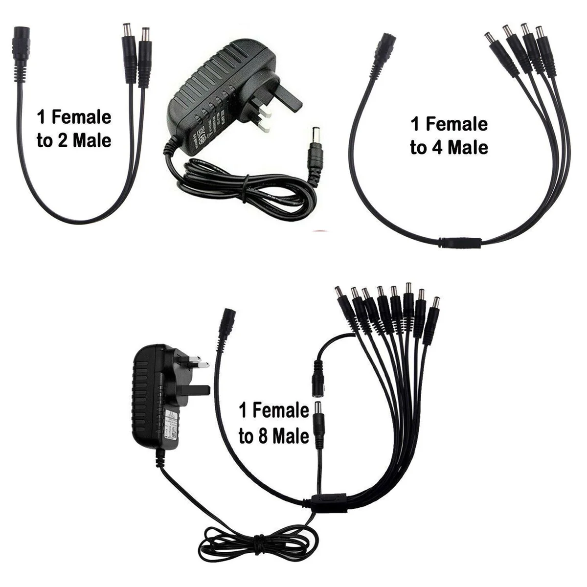 12V CCTV power adapter with 1A output and 4-way splitter cable in black ABS plastic casing on white background