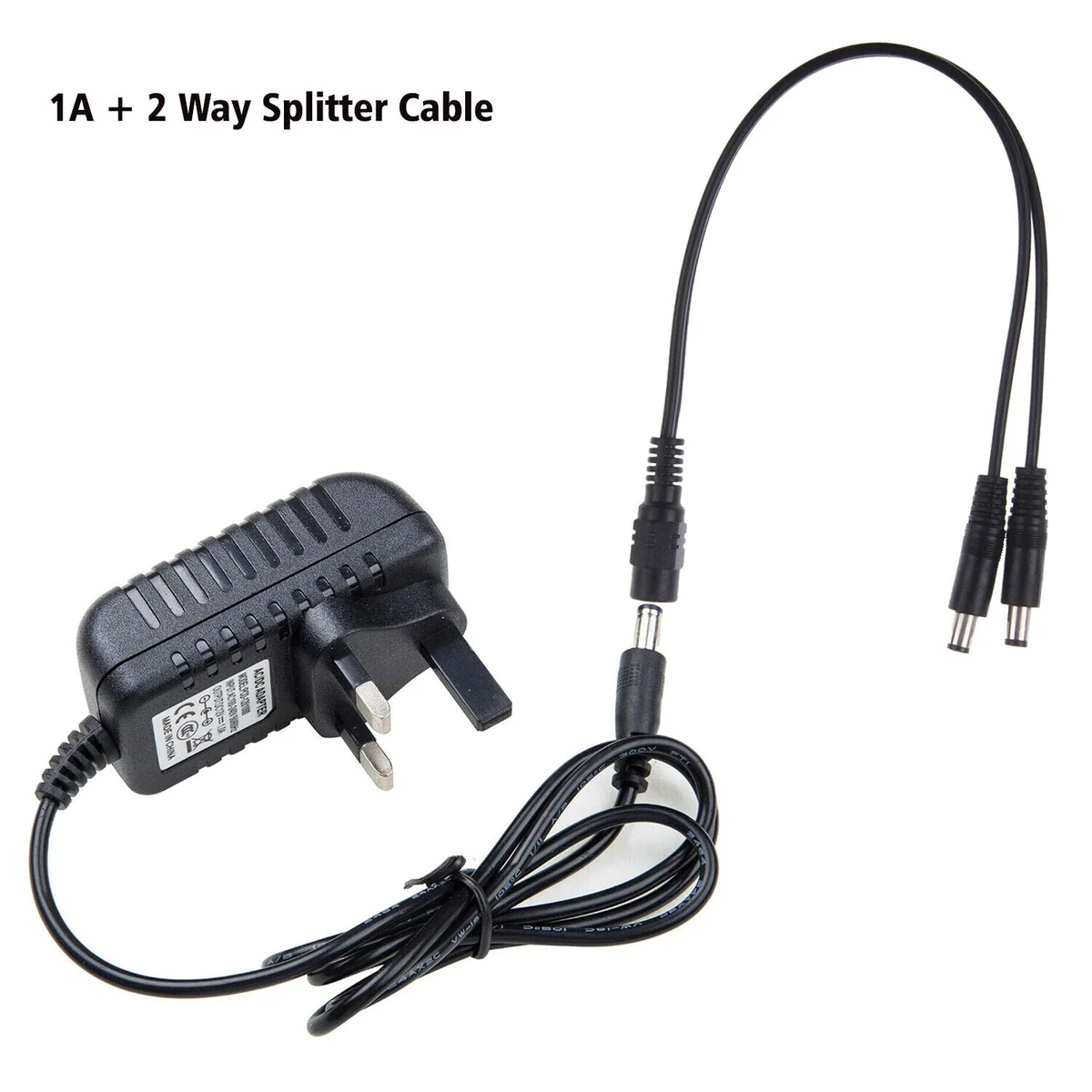 12V 1A CCTV power splitter with black ABS plastic case and multiple output connectors on 48cm cable