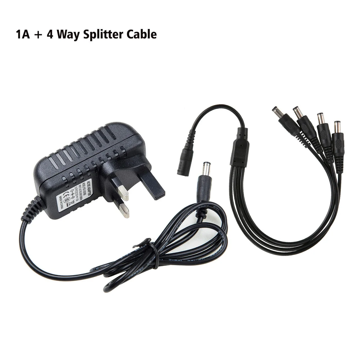 12V 1A power supply with 4-way splitter cable for CCTV cameras and LED strips, black ABS plastic case, 48cm length cable