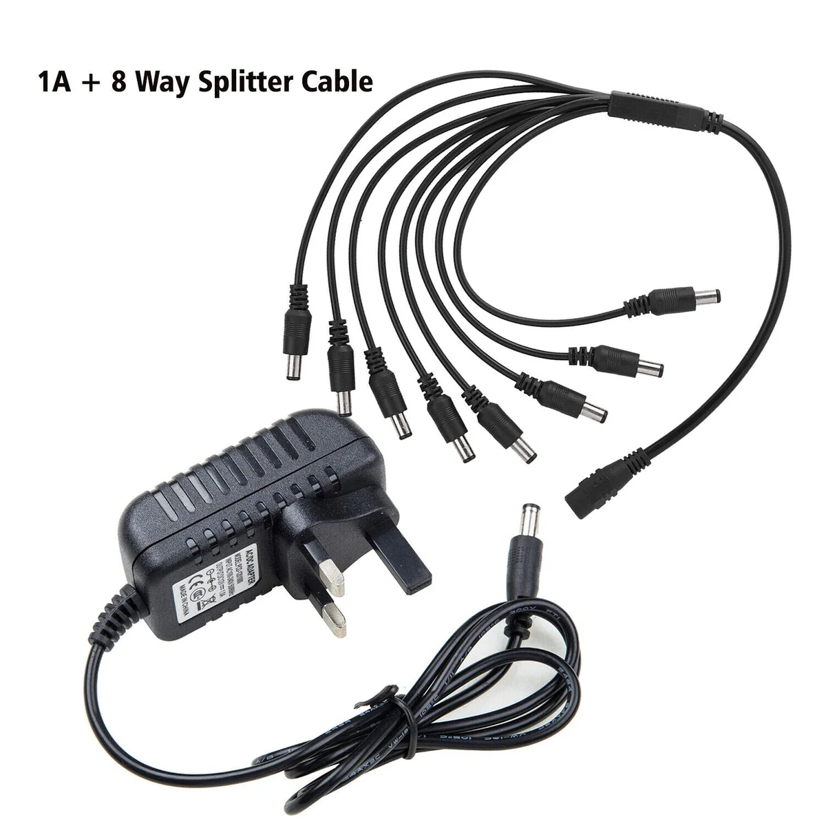 12V 1A LED strip power adapter with 4-way splitter cable and black ABS plastic casing on white background
