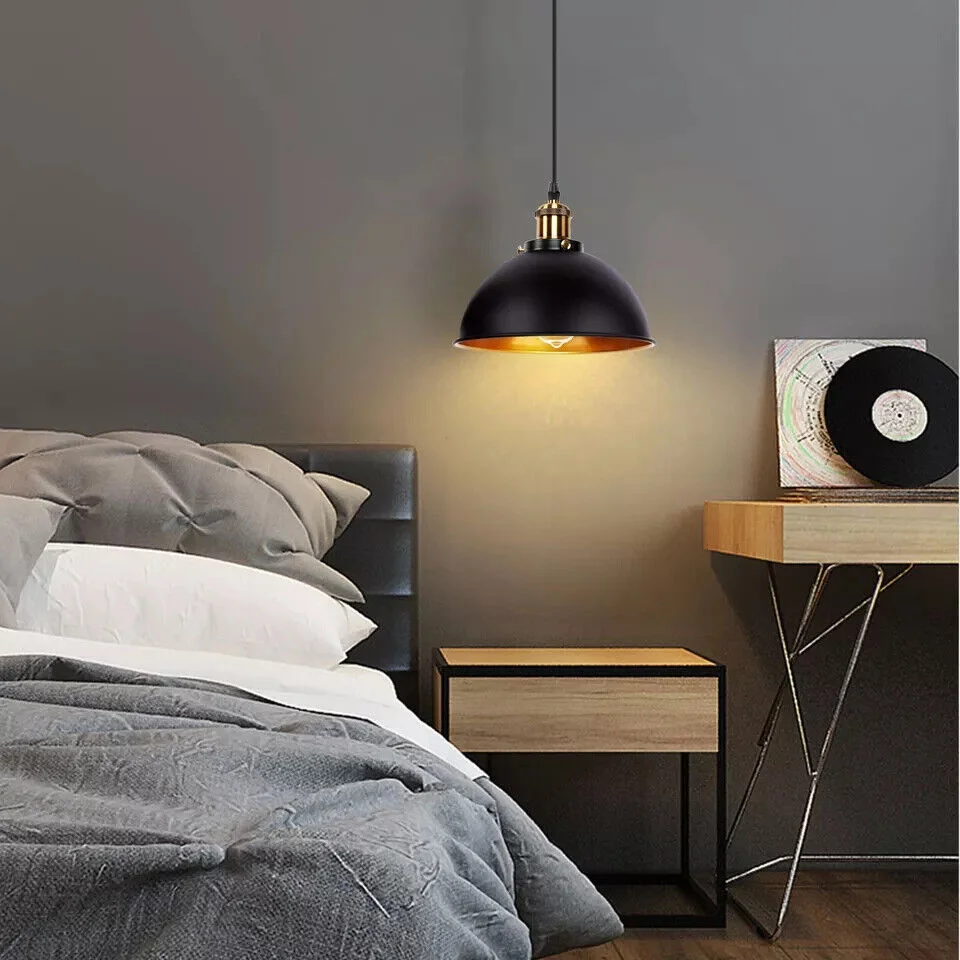 Black metal lampshade adjustable cable pendant light hanging from ceiling with visible 95cm cord and E27 bulb holder