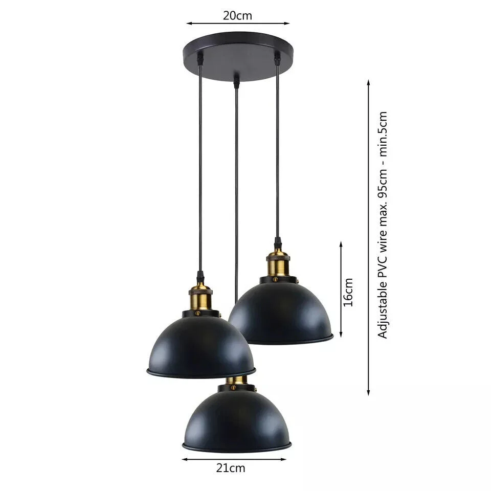 Black metal vintage ceiling pendant light with adjustable cord and lampshade, compatible with E27 bulb pendant light fittings