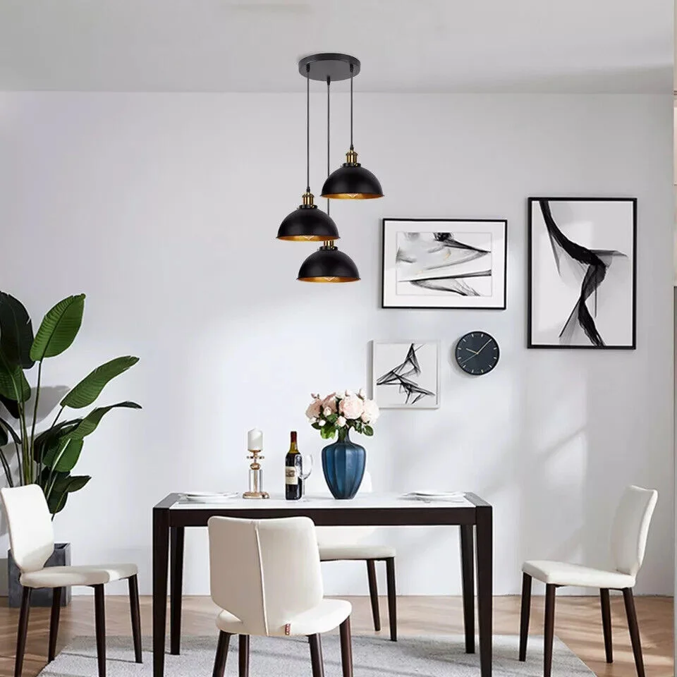 Black metal lampshade pendant light with adjustable 95cm cable, modern retro design for indoor ceiling installation