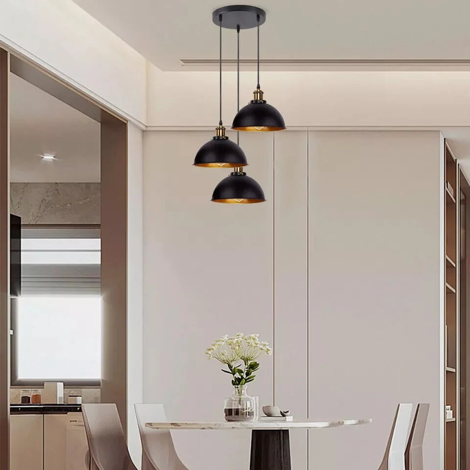 Black metal vintage ceiling pendant light with adjustable 95cm hanging cord and retro-style lampshade