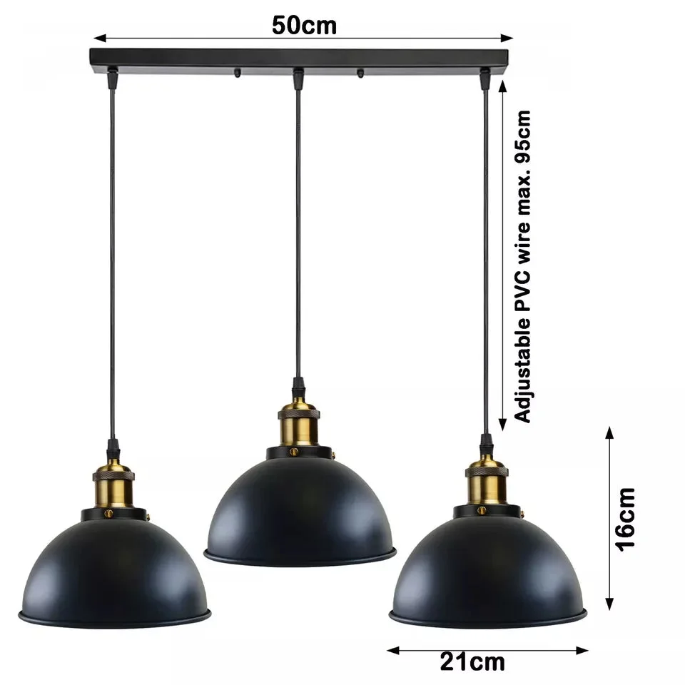 Black metal vintage ceiling pendant light with adjustable 95cm cable and retro lampshade hanging indoors