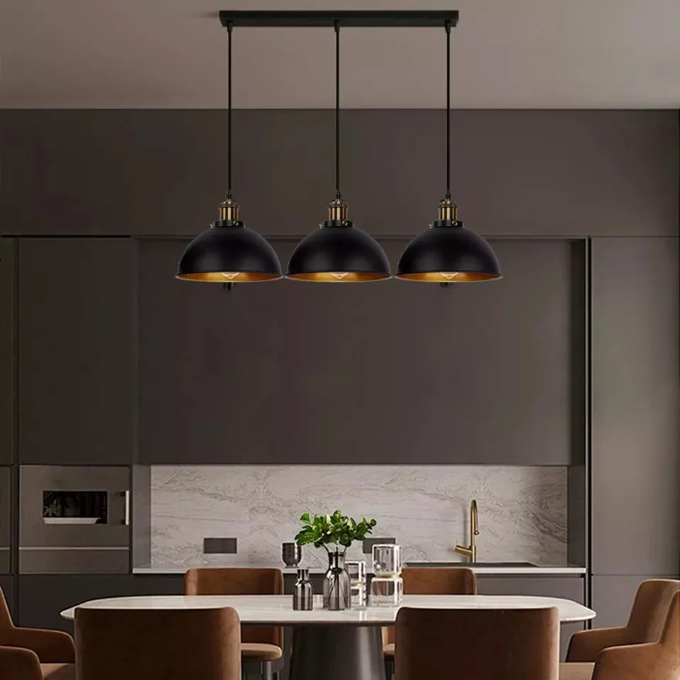 Black metal vintage ceiling pendant light with adjustable 95cm hanging cord and retro-style lampshade