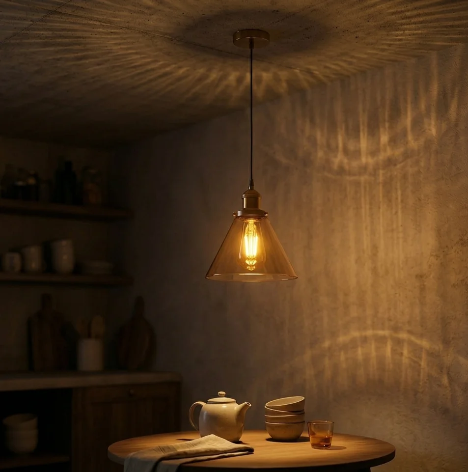 Brass pendant lamp with amber glass shade hanging from 95cm PVC cord.