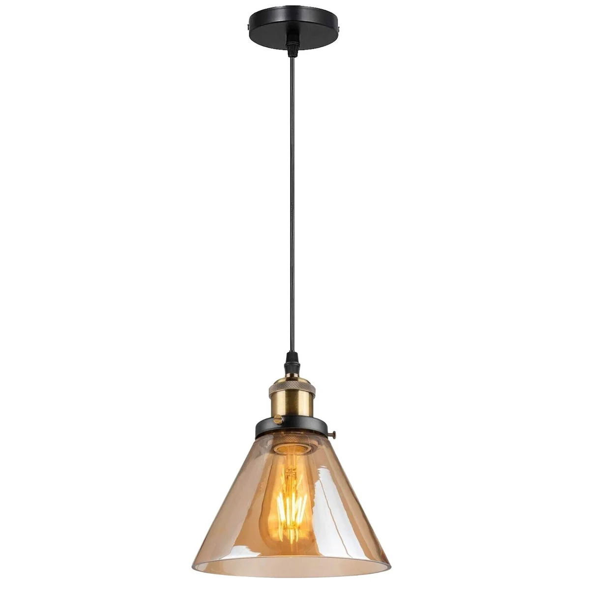Brass pendant lamp with amber glass shade casting warm glow – a vintage amber light for classic interiors.
