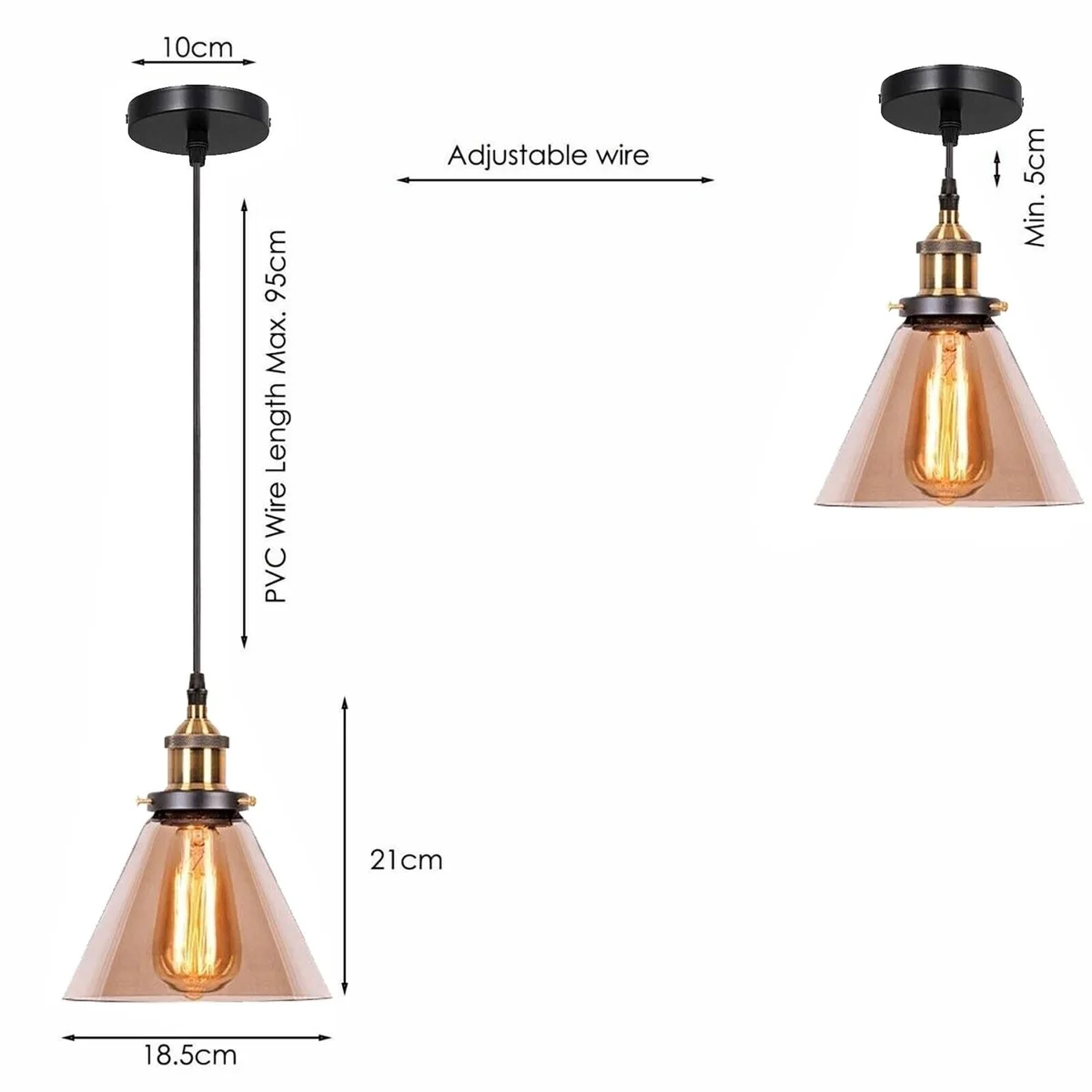 E27 pendant lamp with amber glass shade and brass finish, hanging from a ceiling.