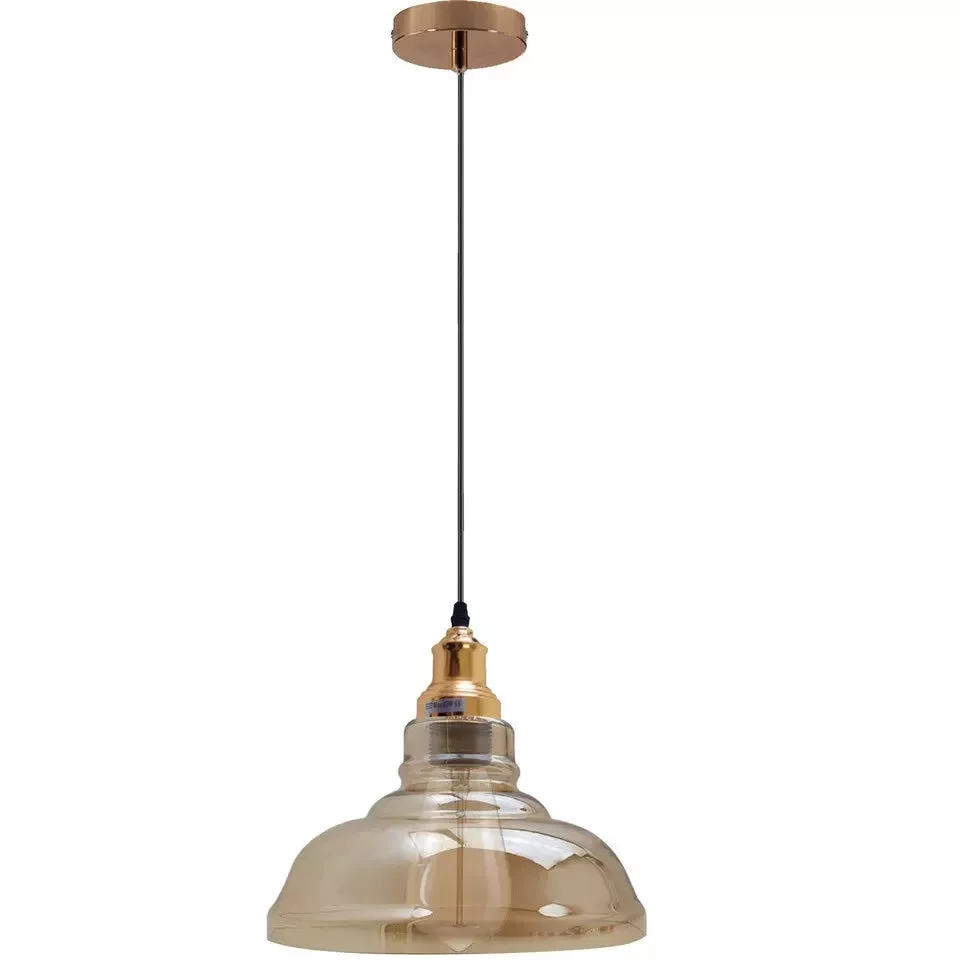 60W ceiling light pendant with amber glass shade and brass hardware hanging from a 95cm cord