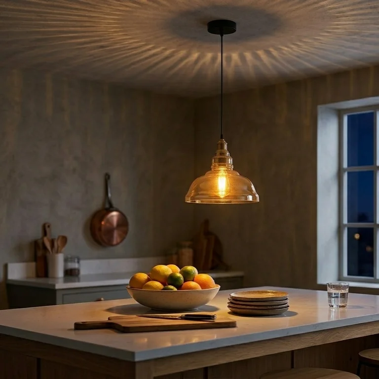 Amber glass pendant light with brass base, hanging from 95cm cord, showcasing vintage amber glass shade.
