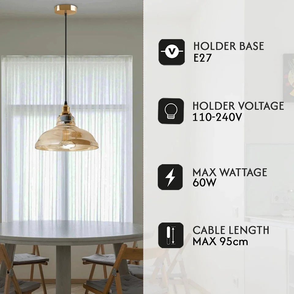 Amber glass pendant light with brass hardware, vintage amber shade hanging from a ceiling.