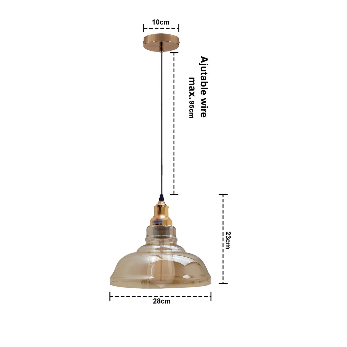 Amber glass pendant light with brass rod and pendant shade in vintage style
