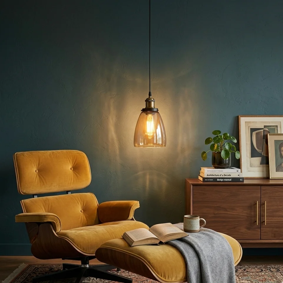 Brass-finished hanging lamp with amber glass pendant light shade, vintage style.