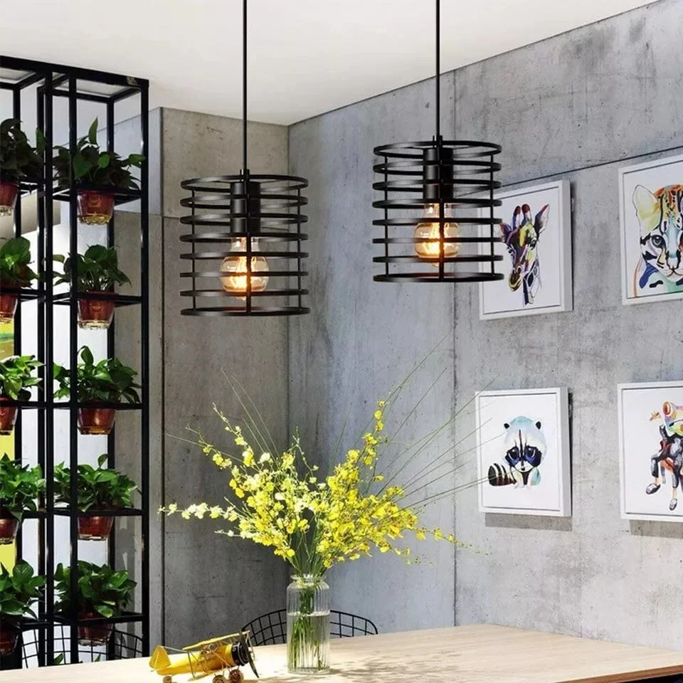 Black metal pendant light with industrial wire cage design and round bulb guard ceiling pendant fixture