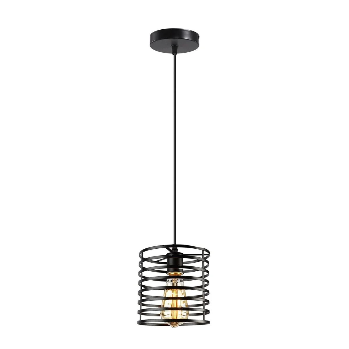 Black metal industrial ceiling pendant with round bulb guard wire cage and E27 bulb socket, ceiling-mounted design