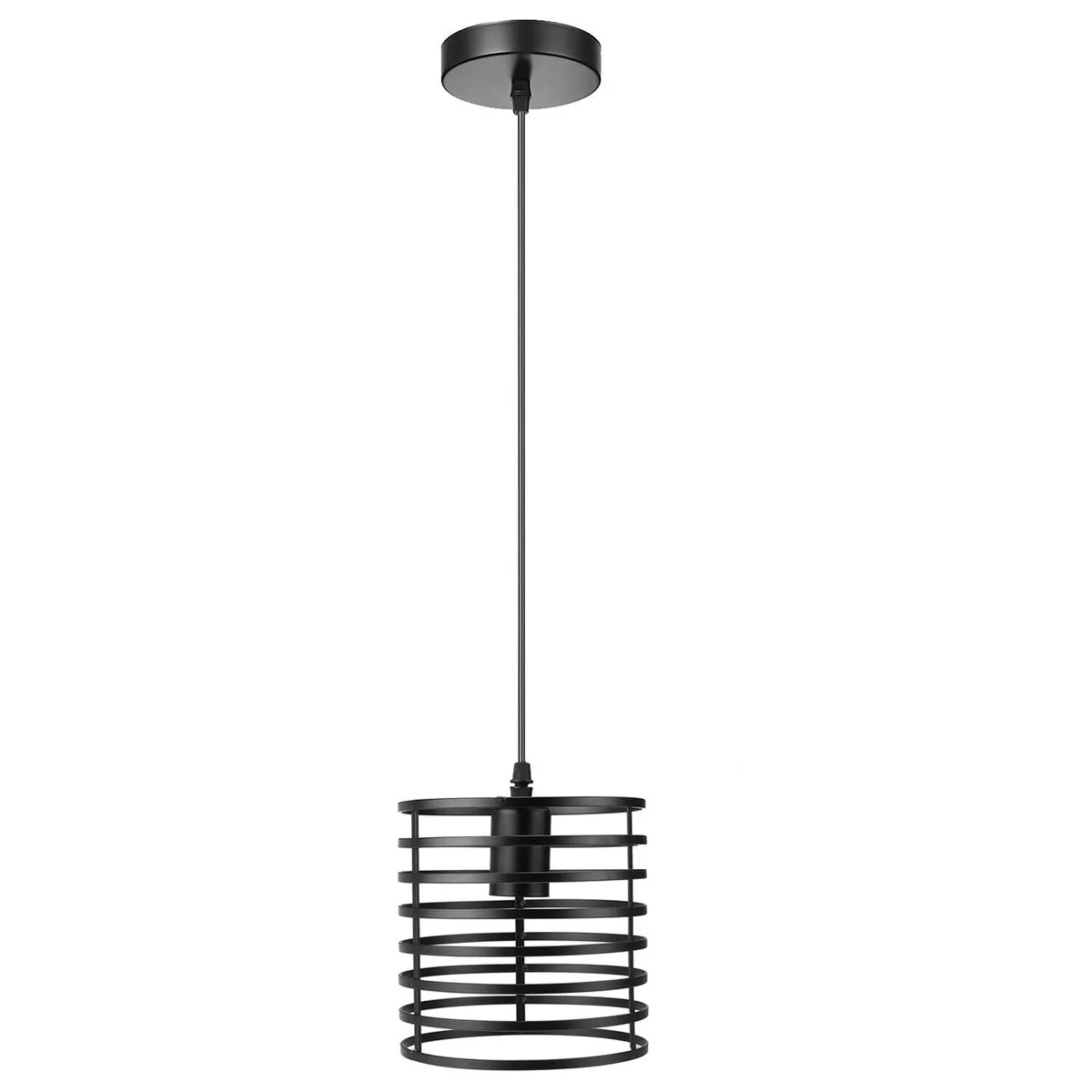 Black modern metal light fixture with round bulb guard wire cage pendant hanging from ceiling against white background