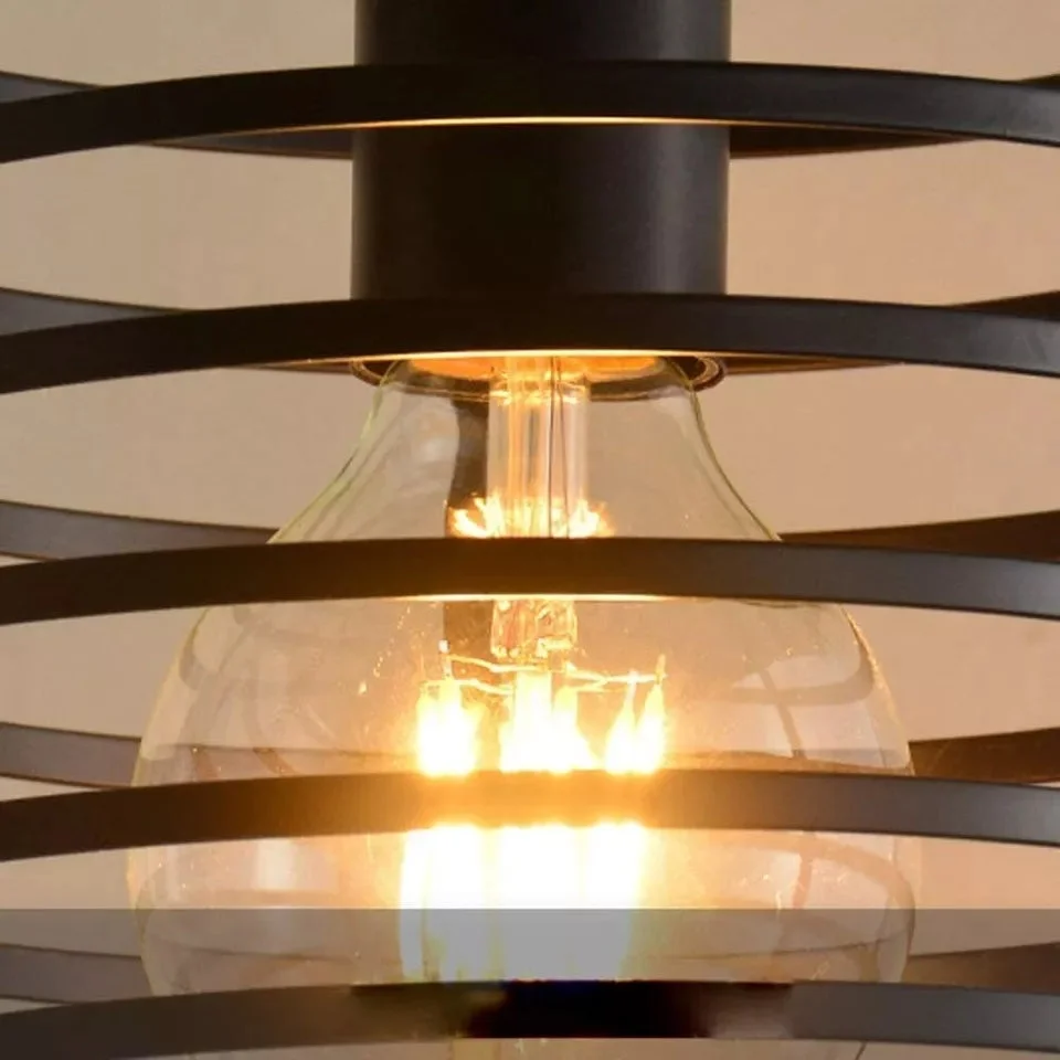 Black metal industrial wire cage indoor ceiling light with round guard design and E27 bulb fitting hanging from ceiling
