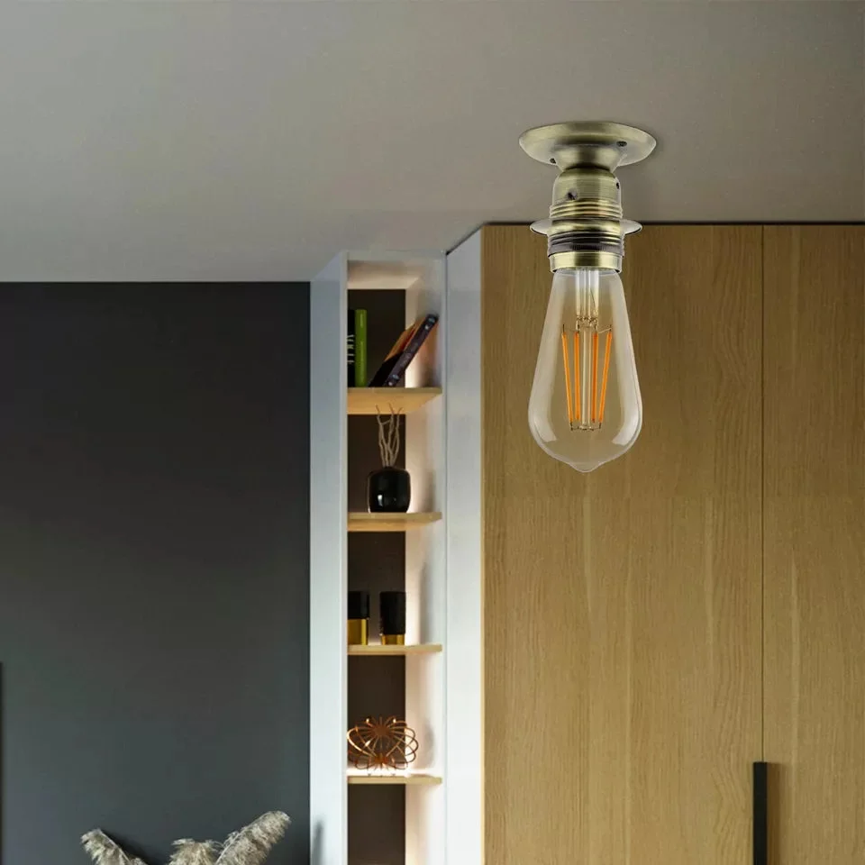 Vintage metal E27 lamp bulb holder with Edison screw socket, designed for indoor ceiling mount, 60W max wattage