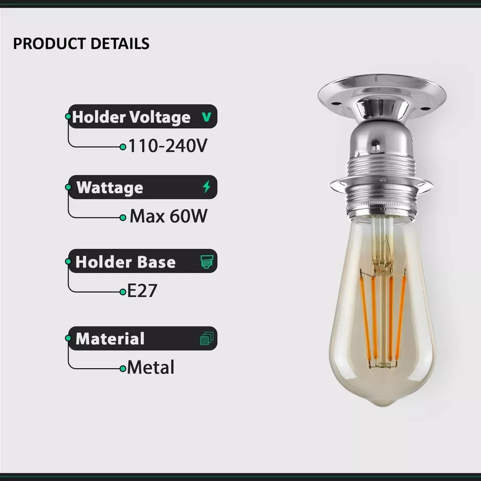 Vintage metal Edison screw socket lamp holder with exposed bulb design, suitable for E27 bulbs up to 60W, ceiling mount