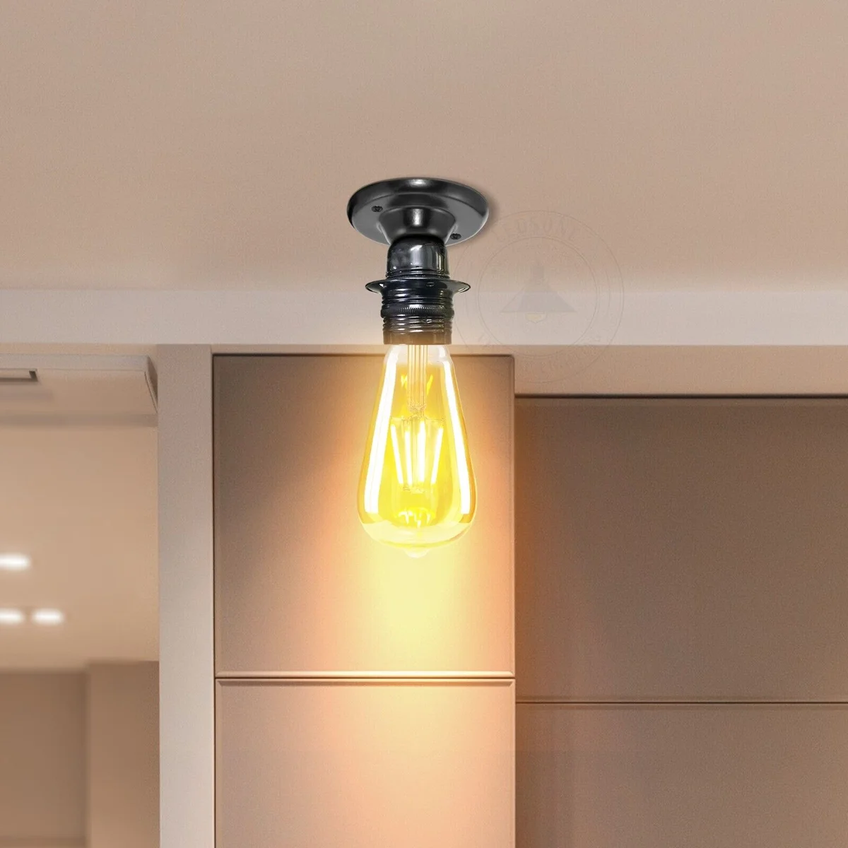 Vintage metal E27 60W lamp holder with exposed Edison bulb socket, ceiling mount design, 5.6cm tall, 5.9cm diameter