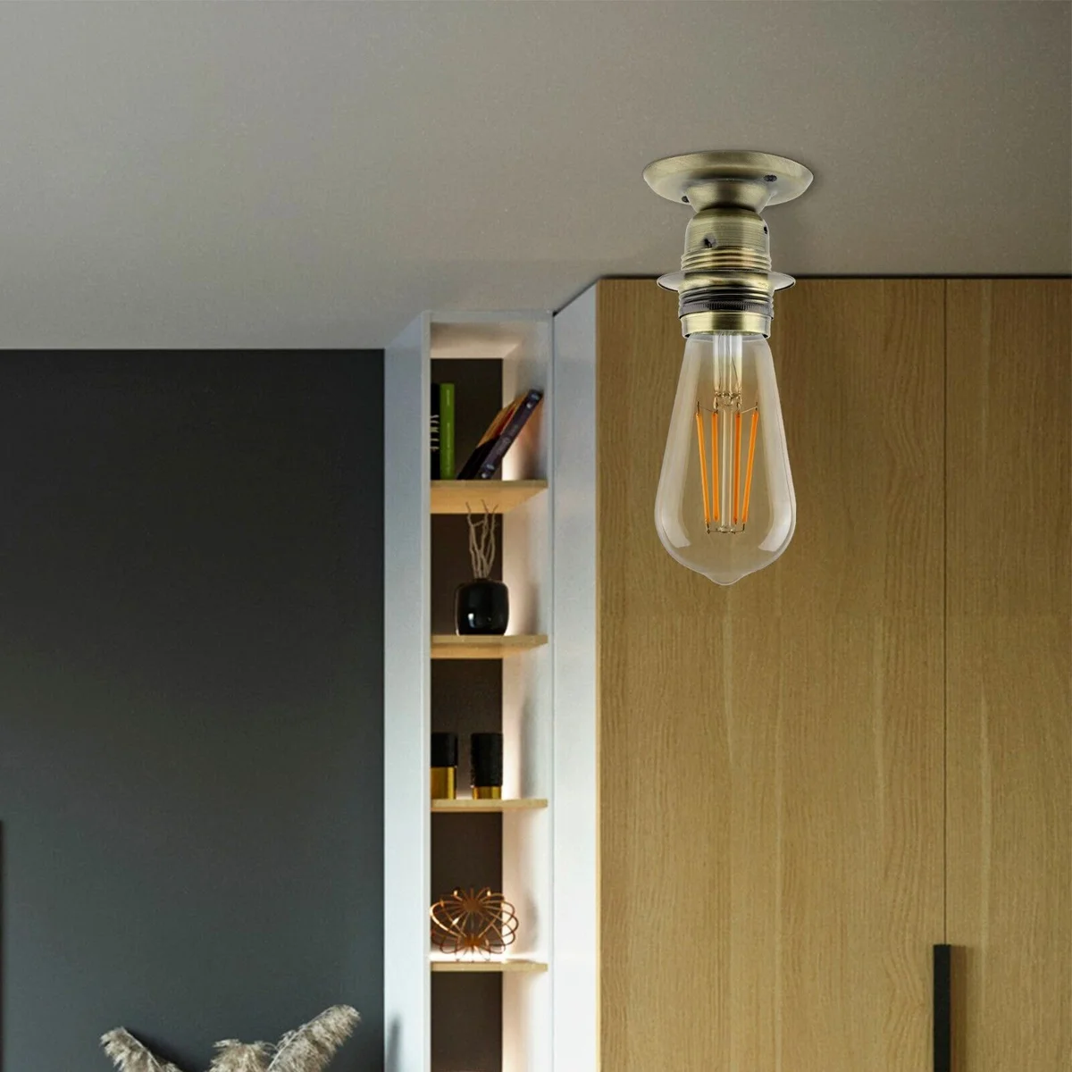 Vintage metal E27 lamp bulb holder with exposed socket and Edison screw design for indoor ceiling mounting