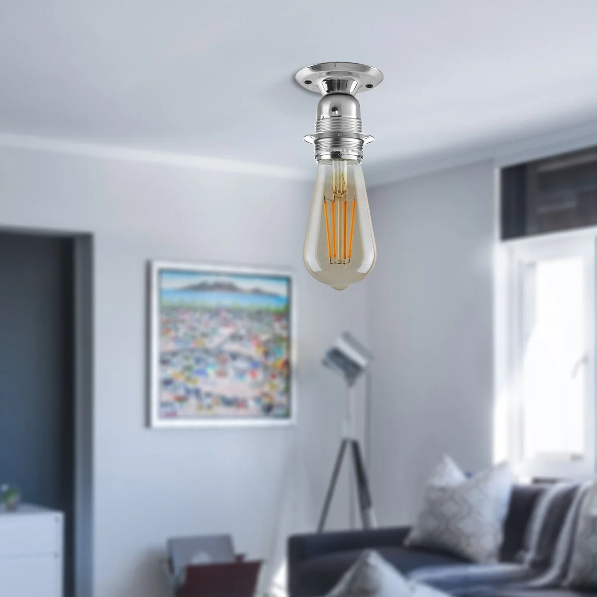 Vintage metal E27 lamp bulb holder with exposed Edison screw socket for ceiling mounting, suitable for indoor use up to 60W