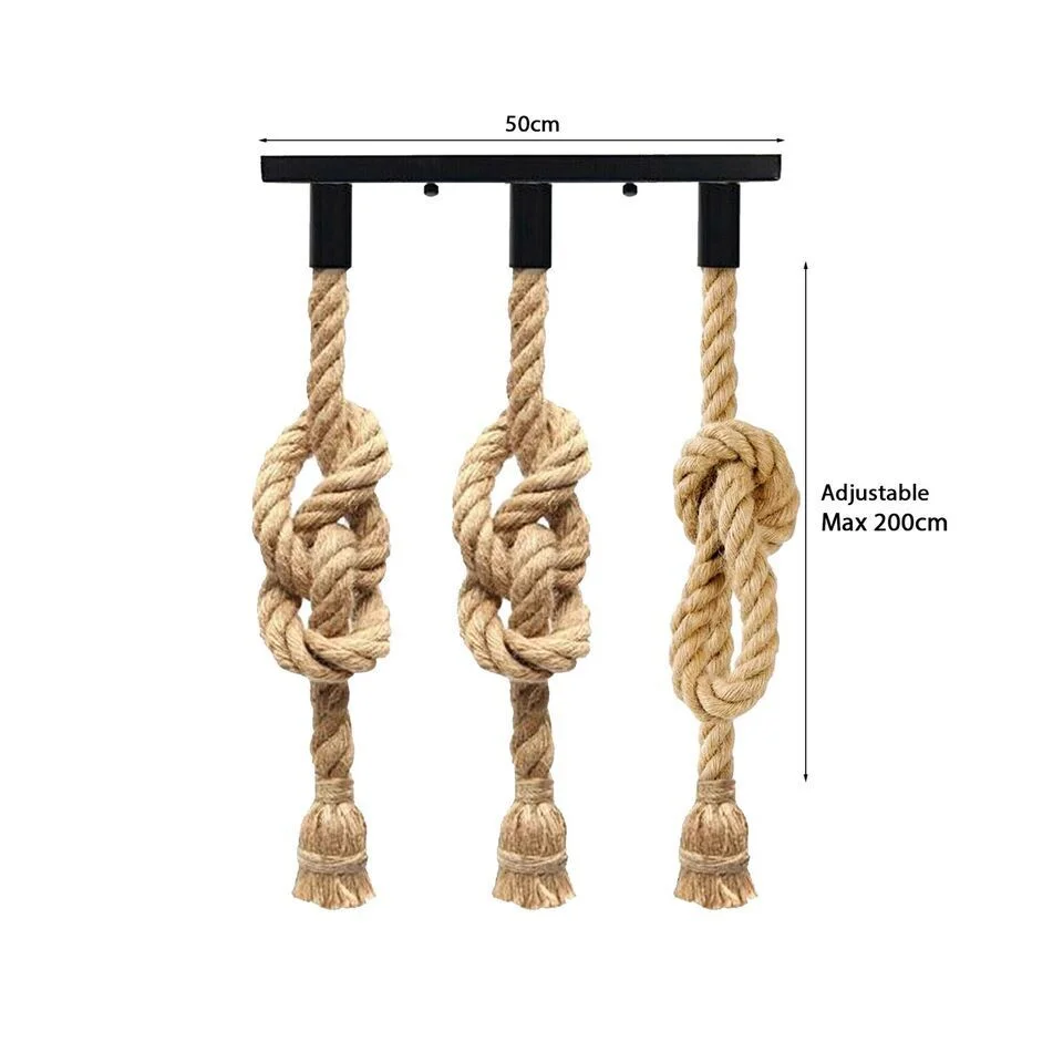 Three-head indoor cluster pendant light with hemp rope shades hanging from ceiling rose in vintage industrial style