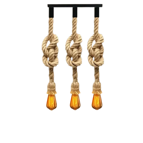 Three head vintage style pendant lamp with hemp rope shades hanging from ceiling rose in rustic indoor setting