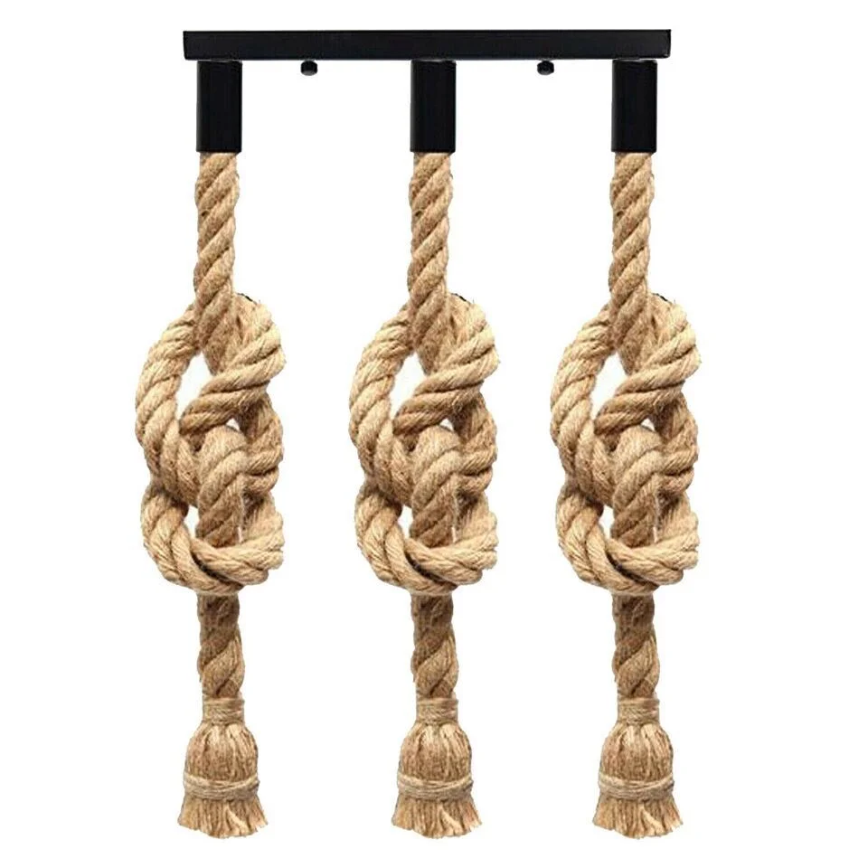 Three head hemp rope ceiling light with natural hemp rope shades hanging from ceiling rose in rustic style