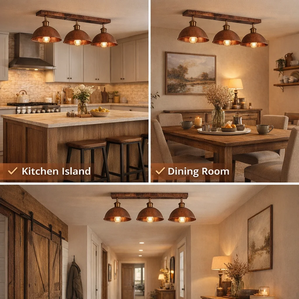 Industrial ceiling light with three rusted metal dome shades on a 50cm semi-flush mount bar in vintage style