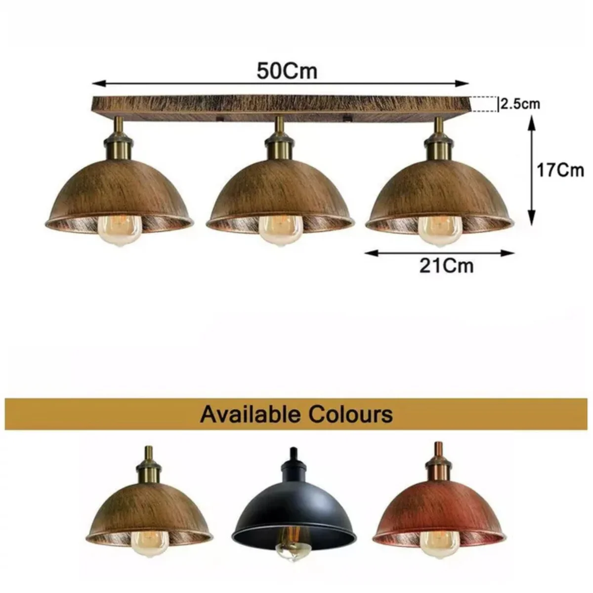 Three vintage metal dome lights with rust finish on a 50cm semi-flush ceiling bar in industrial style
