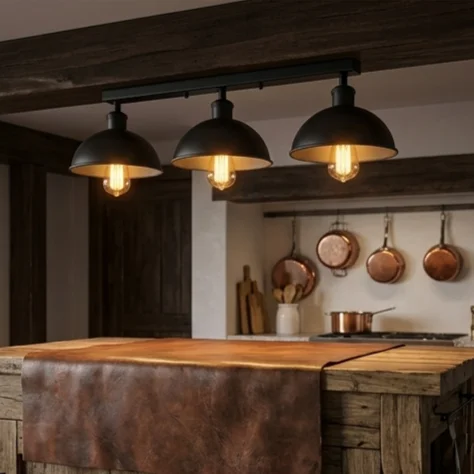 Industrial 3-light semi-flush mount light with vintage rust metal dome shades on a 50cm ceiling bar
