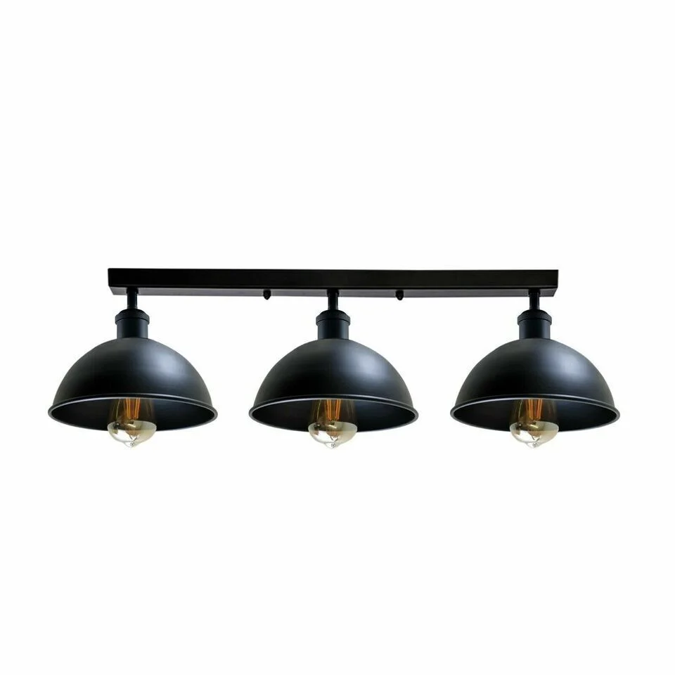 Vintage rust metal 3-light ceiling bar mounted above kitchen island lighting with semi-flush dome shades