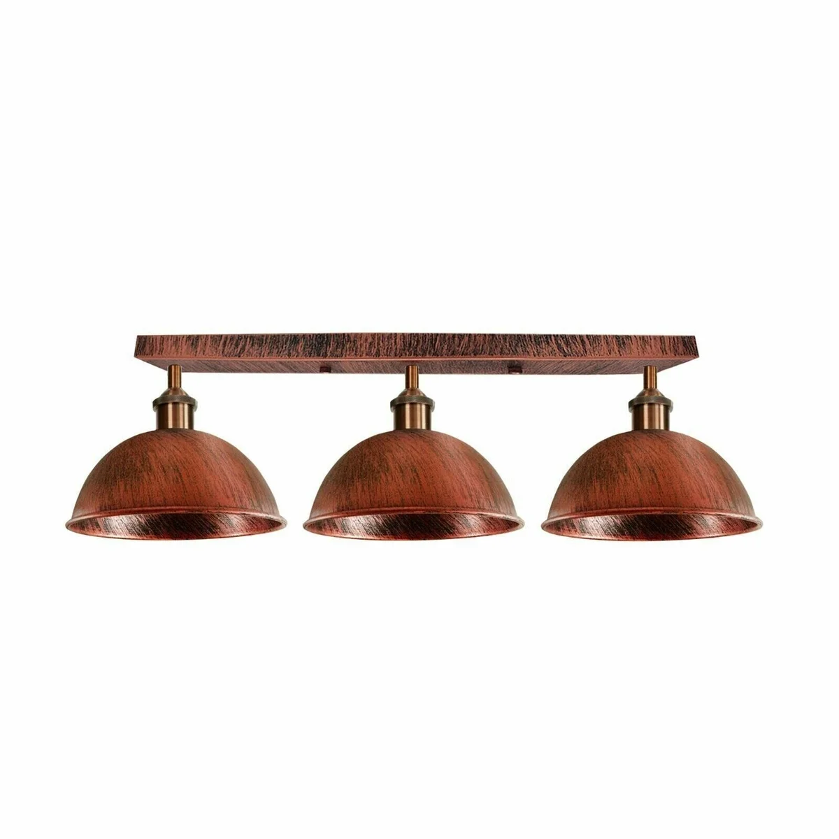 Industrial ceiling light with three rust metal dome shades on a semi-flush mount bar, vintage industrial style