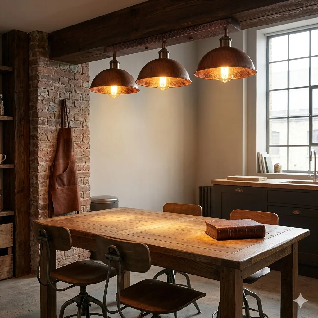 Three-light industrial ceiling light bar with vintage rust metal domes mounted semi-flush on white ceiling
