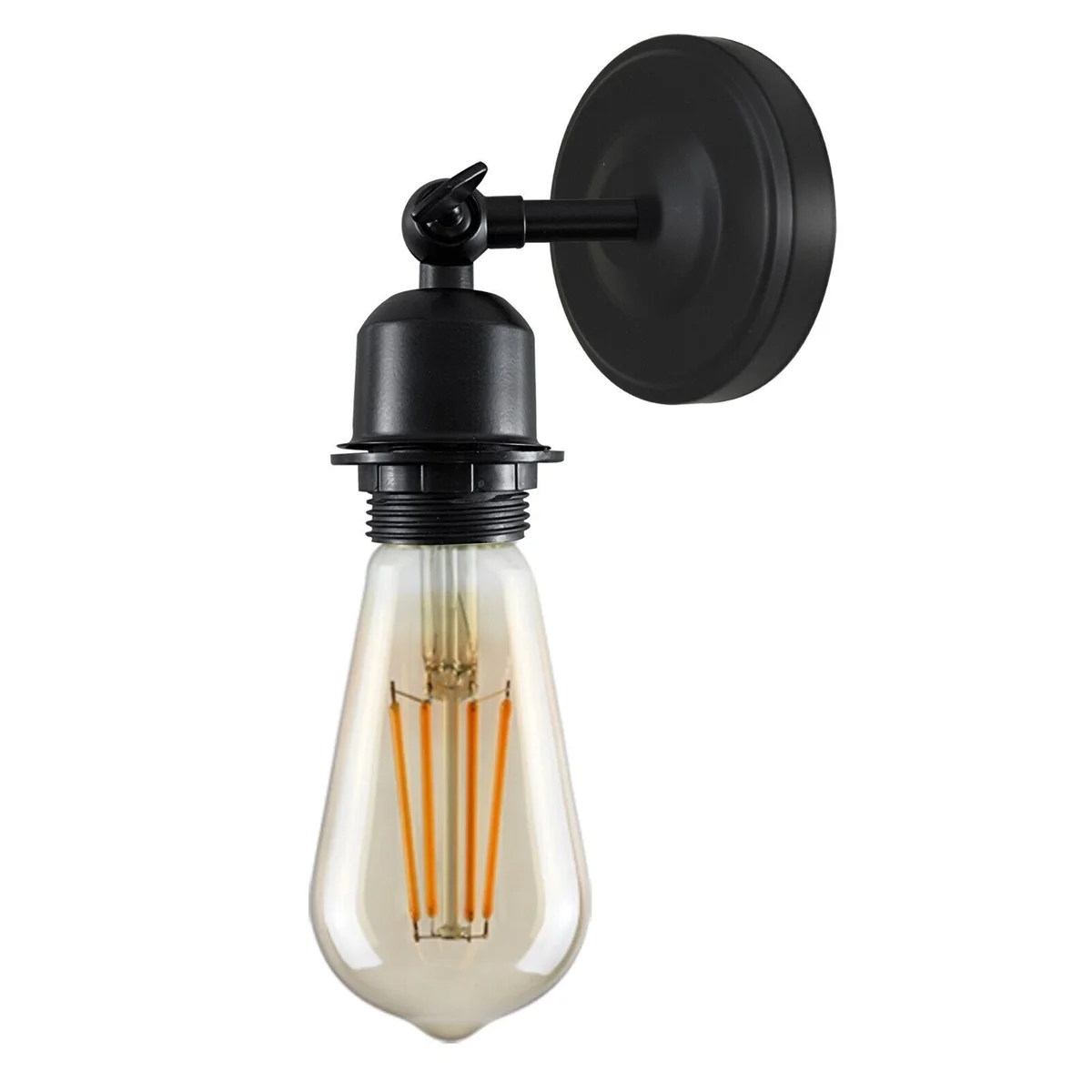 Vintage industrial style black metal wall mounted light with adjustable arm and E27 bulb holder on white background