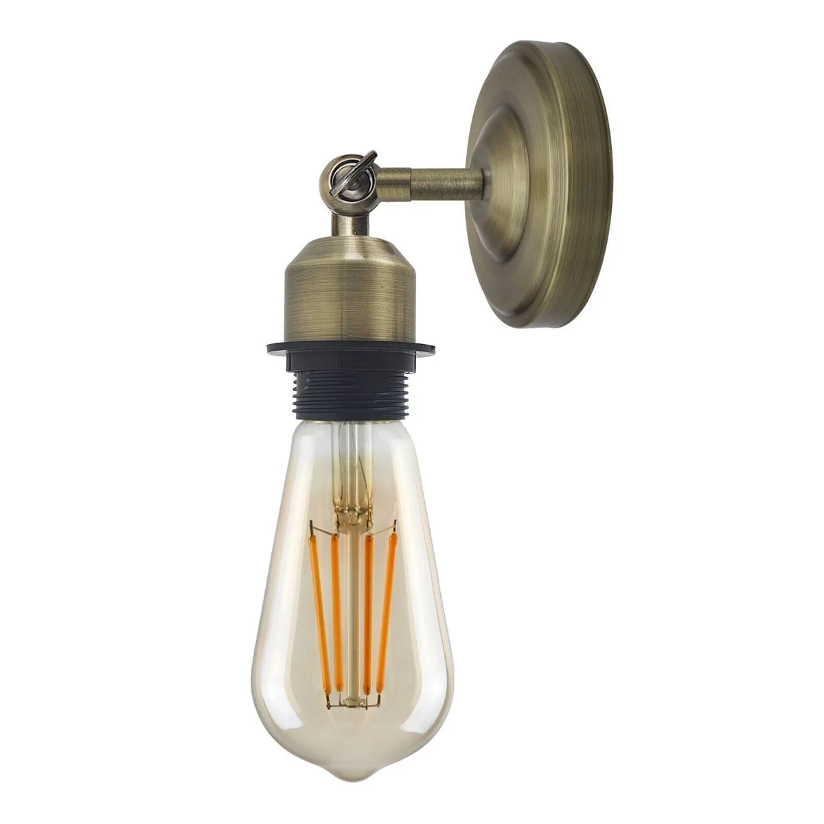 Modern metal wall sconce in black with adjustable arm and E27 bulb base mounted on a white wall