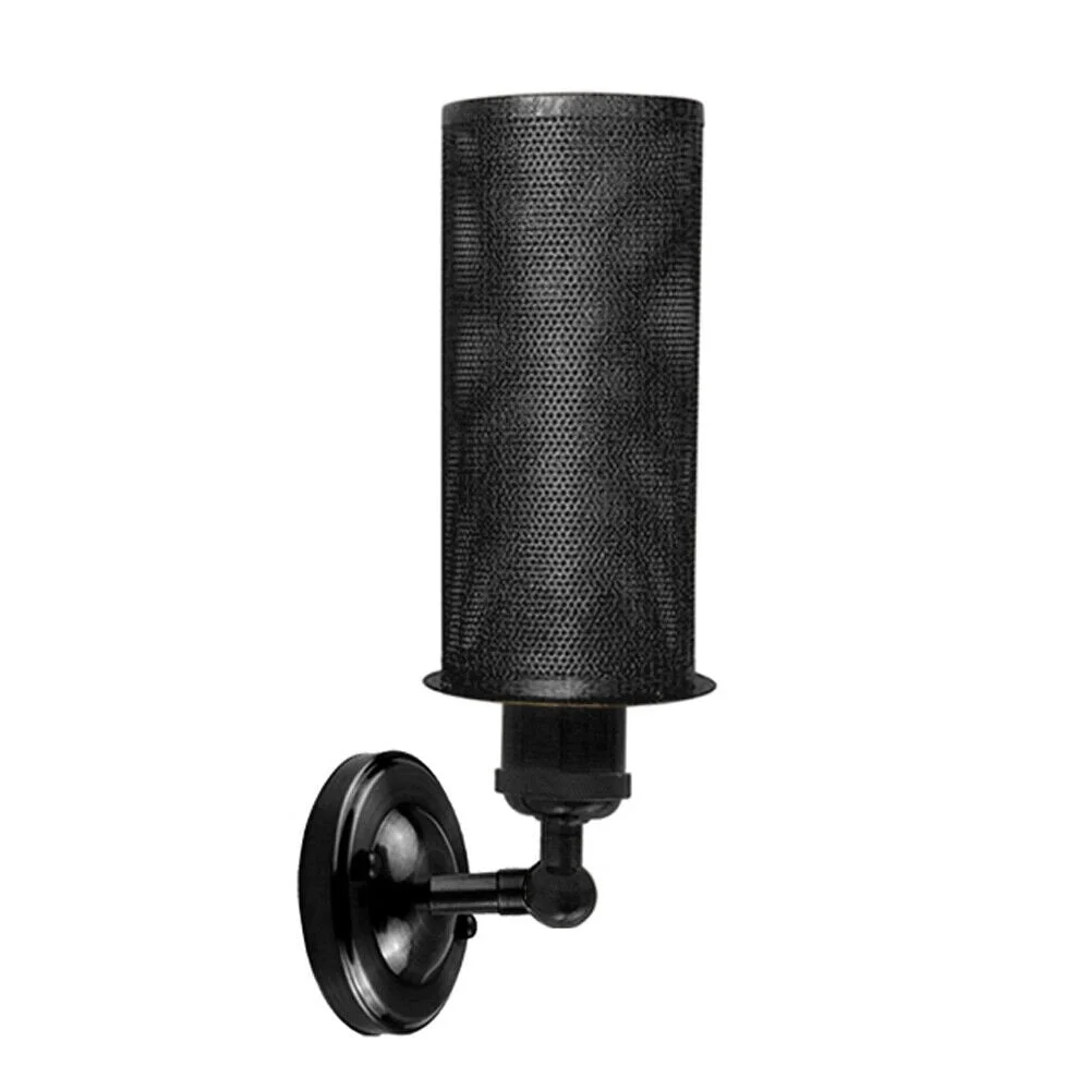 Retro metal cage lamp with adjustable arm and black metal finish mounted on a wall with a round ceiling plate