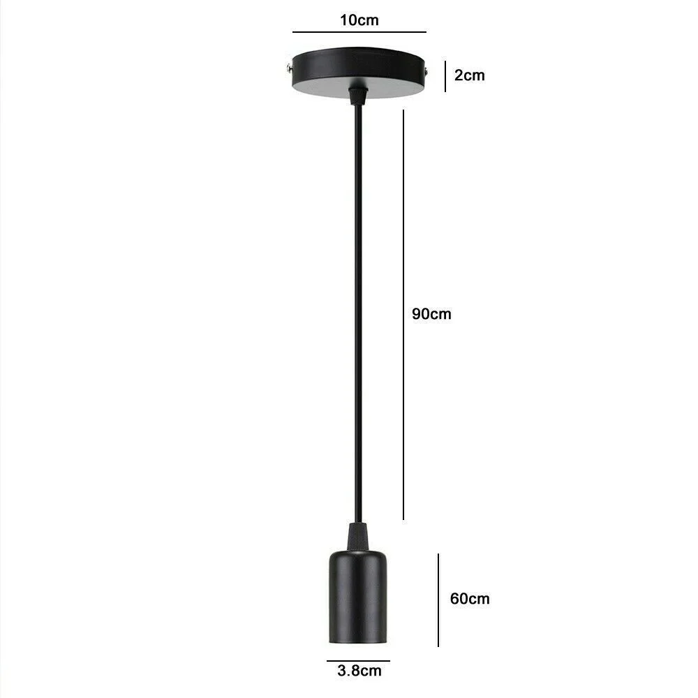 Industrial 95cm adjustable metal E27 ceiling light holder pendant with black PVC cable hanging from ceiling mount